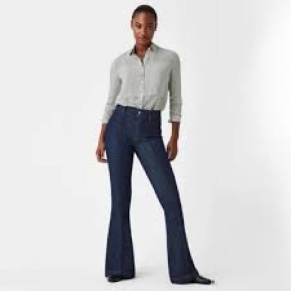 Spanx Pintuck Flare Jeans Womens 1X Dark Wash High Rise Blue Denim 70s Style